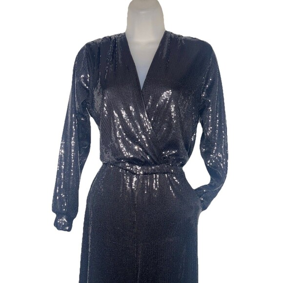 Ripley Rader Black Sequin Jumpsuit Women’s XS Faux Wrap Elegant - Picture 8 of 10